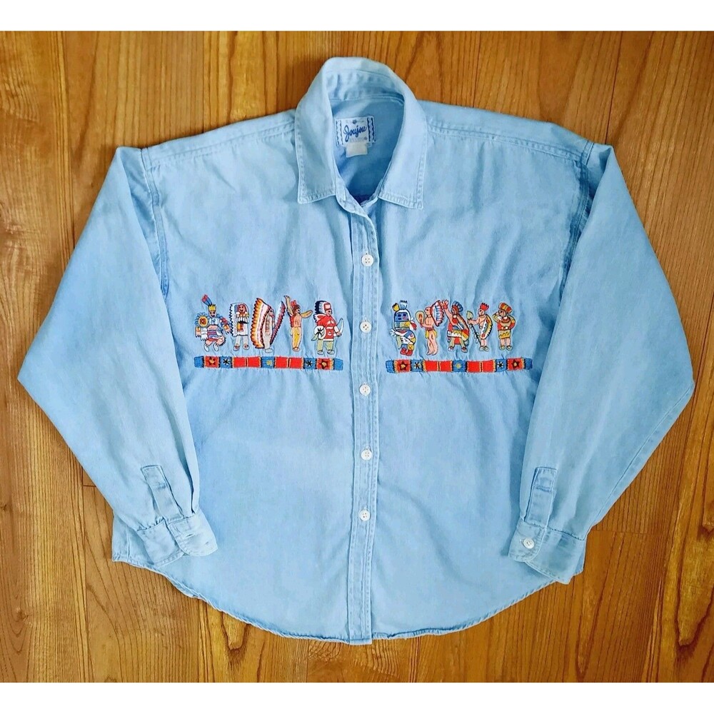 Vintage Jou Jou Long Sleeve Denim Jean South Western Indian Embroidered Shirt XL